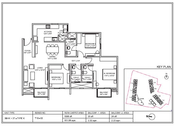 3 BHK 1088 Sq Ft Floor Plan of Birla Trimaya