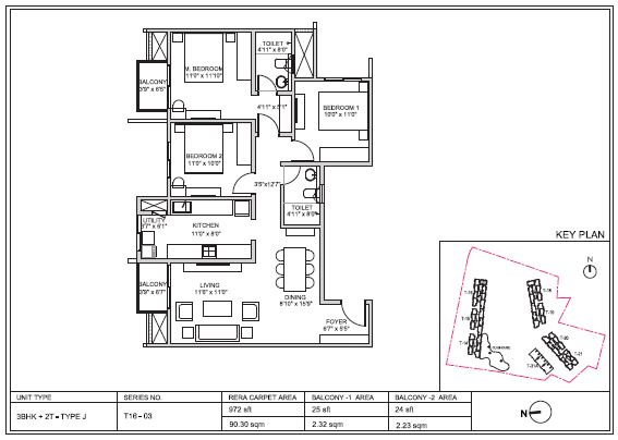 3 BHK 972 Sq Ft Floor Plan of Birla Trimaya