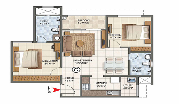 3 BHK floor plan of Birla Trimaya Phase 3